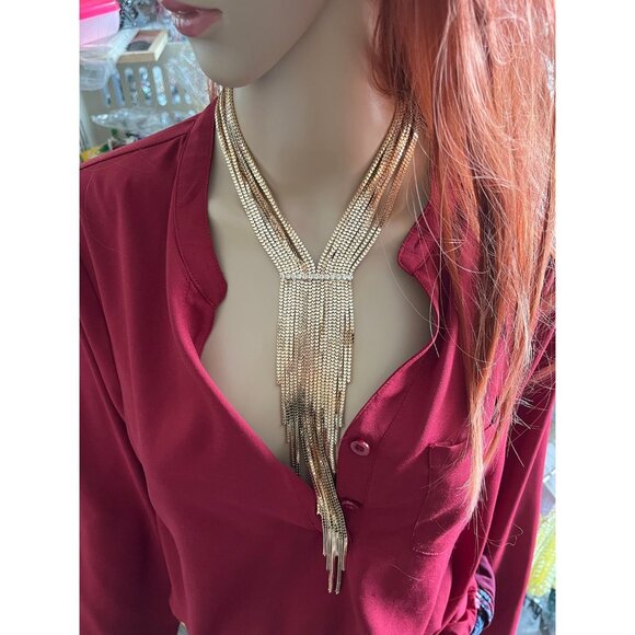 Long necklace gold set fringe bold chain bib tassel & earring statement - Picture 8 of 10